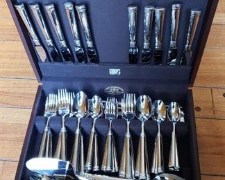 Cambridge Silversmiths Ltd., Inc. "Tuscany" Set of 10 18/10 SS 5-Piece Flatware Set & 4-Piece Serving Set + Michael Lloyd Set of 10 18/8 SS Complementary Teaspoons (all from Crate & Barrel) + Reed & Barton Brown Wood Flatware Box Lined w/ Hagerty Silversmith's Cloth (from Gump's)  [$725 Market Value]  SELLING PRICE: $239