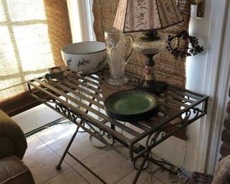 Folding Iron Table, Electrified Oil Lamp, Dishes