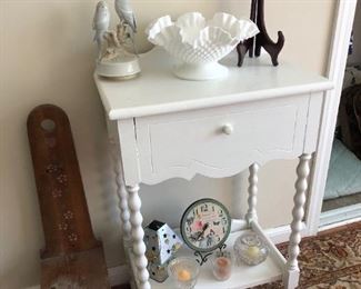 White Table w/ Drawer, Milk Glass, Decor
