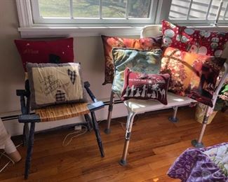 Pillows, Shower Bench, Vintage Rushed Seat Bench