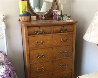 Antique Oak Tall Chest of Drawers w/ Mirror