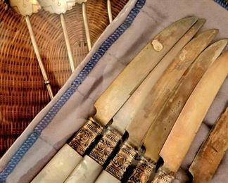 Sterling Iced Tea Straws and Mother-of-Pearl Handled Fruit Knives with Sterling Collars