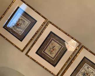 Oriental hand embroidered silk textiles matted and framed
