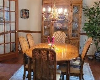 Drexel Heritage Furniture Dining Table and 6 Cane Back Chairs. lighted China Cabinet, expandable Buffet