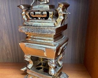 Stacked Foo Dog Temple brass incense burner approx 18" tall