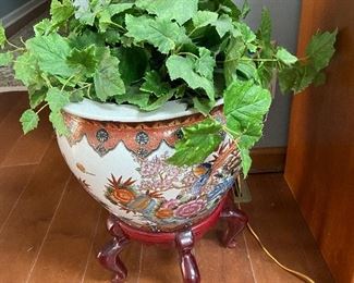 Vintage Koi Fish Bowl Planter Jardiniere on wooden stand