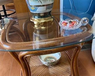 Vintage rattan glass top table and decorative lamp