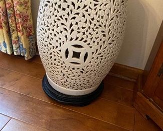 Vintage Asian white Garden Stool on stand, one of two