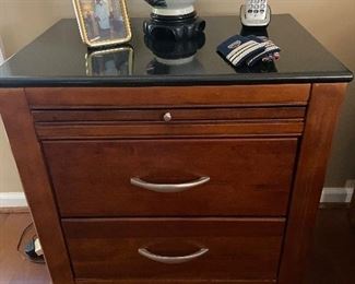 Bassett 5th Avenue Cherry nightstands with black marble top, one of two