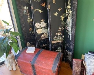 Vintage wooden Asian screen, Antique painted travel trunk