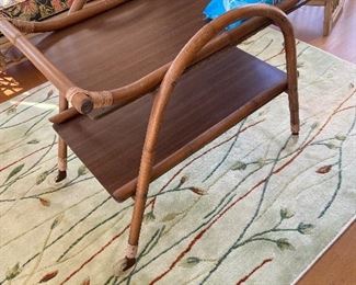 vintage rattan bar cart, Nourison celery-colored carved rug