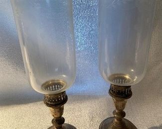 vintage Towle sterling silver candlesticks and crystal hurricanes