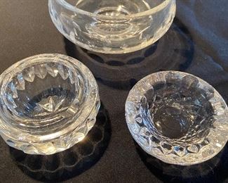 Waterford small footed bowl 5 1/2" wide x 3" tall; small ashtray 3 1/2" wide; ashtray 3 1/2" wide