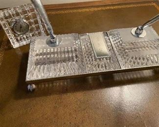 Waterford Executive Desk Set with double pen holder and center engraved piece and separate crystal Clock