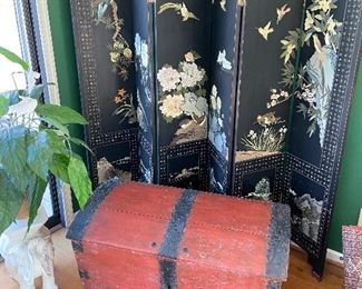 Antique red painted heavy wooden dome top truck with original key 