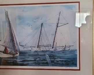 #7 Log Canoe Oyster Fleet" by Mary Lou Hann #282/500, LE print of original watercoloring, 1925-2021