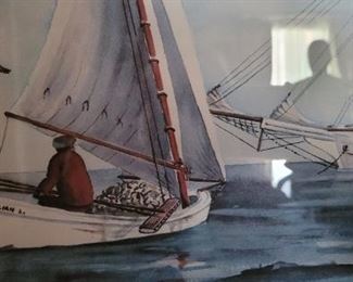 #7 Log Canoe Oyster Fleet" by Mary Lou Hann #282/500, LE print of original watercoloring, 1925-2021