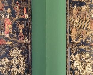 #30 Pair of two Asian scene wooden panels on black background in Sunroom