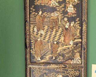 #30 one of two Asian scene wooden panels in Sunroom, sold as a pair