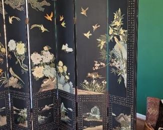 Vintage wooden Asian Screen double-sided, 6 panels each 13 1/2" wide and 73" tall