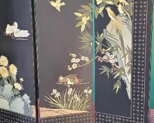 Vintage Asian black lacquer 6 panel double-sided screen