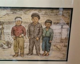 #37 Asian Art of three children, artist unknown