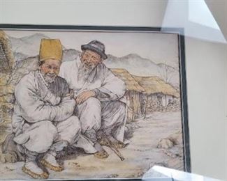 #36 Asian Art of two men sitting, one man in yellow hat and one man in black hat, artist unknown