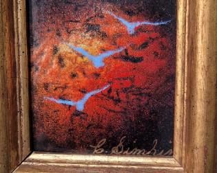 #40 Artist C. Simkin small oil of birds on red background in gold frame