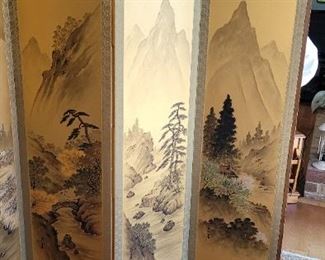 Vintage Asian 4 Panel Wooden Screen featuring mountains on silk fabric, each panel 18 1/2" x 69" tall, 74" long, one-sided