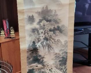 #62 Vintage Asian scroll, Waterfall and Woods, over 6' long