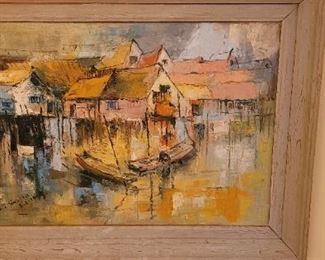 #65 vintage oil of buildings and water