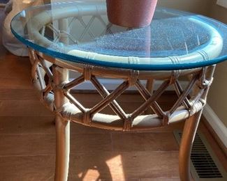 Ficks Reed glass top rattan round table, matches love seat, wingback chair, and square table