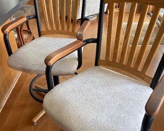 casual barstools, two total, swivel, with upholstered cushion seats and wood and wrought iron, match casual dining table and chairs