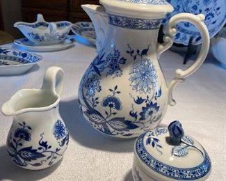 Coffee pot with lid 9" tall, creamer & sugar (lid on sugar has been repaired and chip on bowl), sold separately