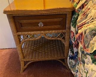 Vintage wood and wicker single drawer table-nightstand, one of two, Lexington Furniture Co, Lexington, NC, by Henry Link pair of nightstands