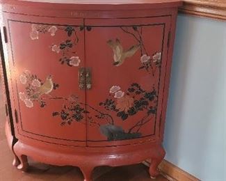 One of a pair of red lacquer Chinese corner cabinets, 21" wide x 21" long