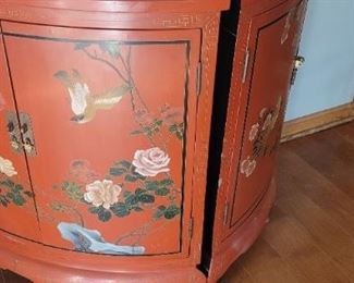 pair of red lacquer Chinese cabinets with traditional painting design