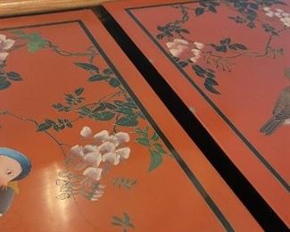 close-up of top of Chinese red lacquer cabinets