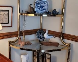 glass and brass etagere, has matching coffee table and two side tables