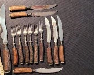 Harrison Bros & Knowson Made in England, 12" serving knife, serving fork, 6 forks and 6 knives, bone handle, stainless steel