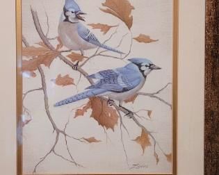 #55 Artist Jack Zanks, Two Bluebirds, matted and framed
