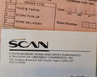 Scan Co-op Contemporary Furniture Company original receipts for Mid-Century-Modern furniture
