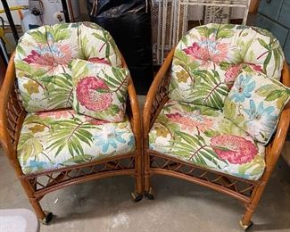 "Wicker by Henry Link" pair of lovely rattan chairs with cushions on casters, there are coordinating side table and coffee-cocktail table also