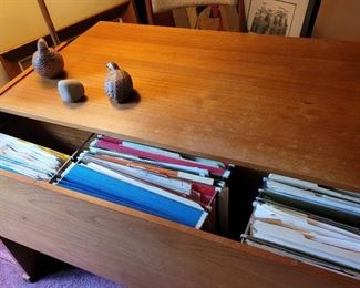 top of MCM desk slids back to reveal hanging file folders inside, purchased at Scan Co-op in DC
