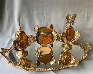 4 Piece Art Nouveau Vanity Set with Jewelry Holder, Perfume Bottles, Mirror