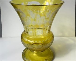Massive Size Bohemian Yellow Cut to Clear Vase