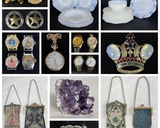 Vintage Cigarette Dispenser and Lighter, Monax Depression Glass, Brooches, Sterling Silver, Vintage Whiting and Davis Mesh Bags, Belt Buckles, Pendants, Watches, Vintage Fishing Lures & Reels, Etc.