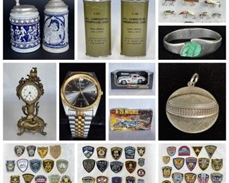 Vintage Cigarette Dispenser and Lighter, Monax Depression Glass, Brooches, Sterling Silver, Vintage Whiting and Davis Mesh Bags, Belt Buckles, Pendants, Watches, Vintage Fishing Lures & Reels, Etc.