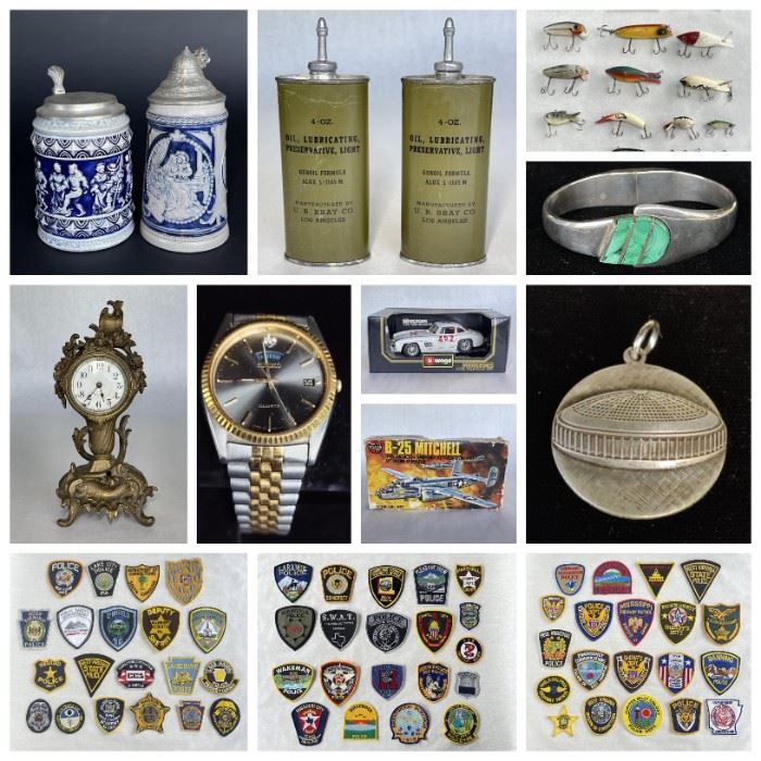 Vintage Cigarette Dispenser and Lighter, Monax Depression Glass, Brooches, Sterling Silver, Vintage Whiting and Davis Mesh Bags, Belt Buckles, Pendants, Watches, Vintage Fishing Lures & Reels, Etc. 