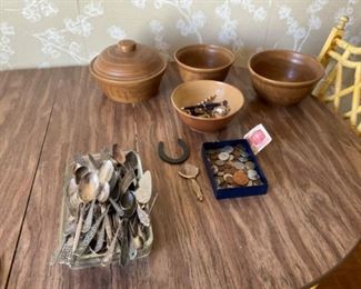 AND COLLECTION OF PLATED SPOONS AND FORKS,, HAND MADE CLAY BOWLS, BOIX OF FOREIGN COINS